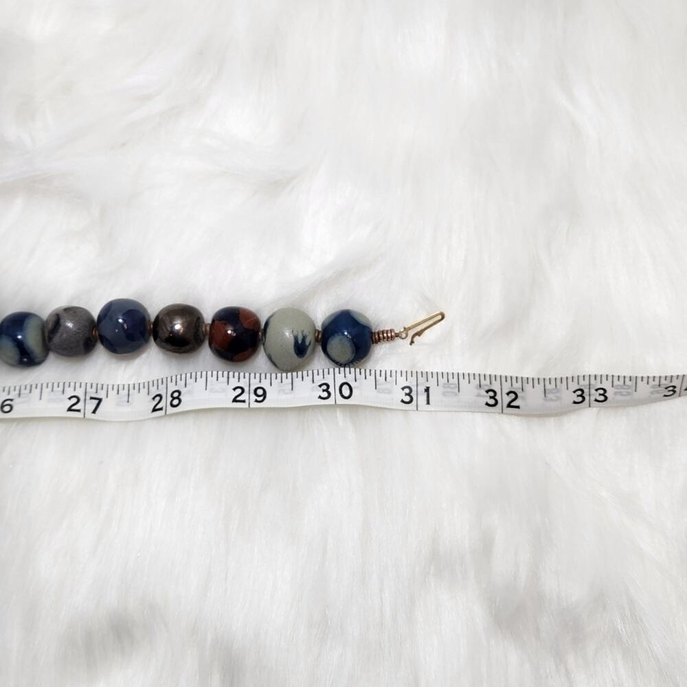 Blue & Gray Ceramic Beaded Necklace | Handmade Vintage Jewelry - Picture 6 of 6